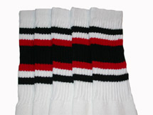 Knee High White Tube Socks with Black and Red Stripes 